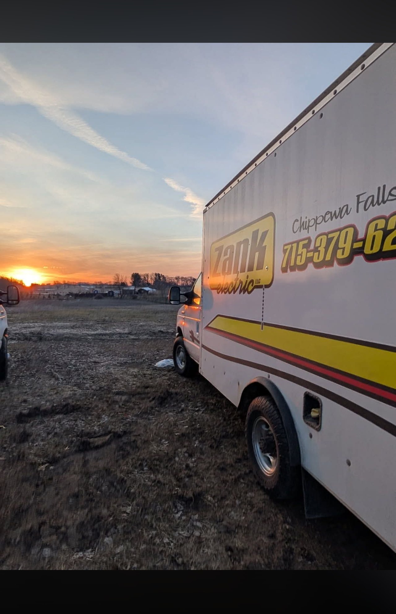 Zank Electric service truck at sunset — Chippewa Falls, WI